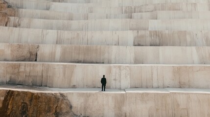 Man in black suit standing in a large quarry.