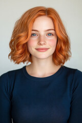Naklejka premium A relaxed mid-shot in a studio setting: sheâ€™s smiling slightly, letting her bright blue eyes and distinctive hair color be the centerpiece,