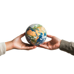 Hands giving earth globe to other person hands isolate on transparent background