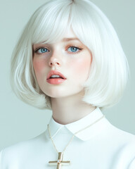 Fototapeta premium A modern editorial-style portrait focusing on her poised expression, the white hair gently framing her face, her direct blue-eyed gaze elevating the shot,