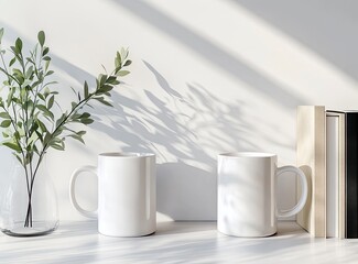 Two white coffee mugs mockup, one mug on top of a book and the other behind it on a table with a green plant in a vase, neutral background, minimalist style