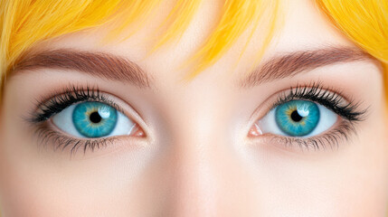 Obraz premium A crisp overhead angle showing strands of bright yellow transitioning into rich blue, the womanâ€™s two-toned eyes offering a creative reflection of her hair colors,