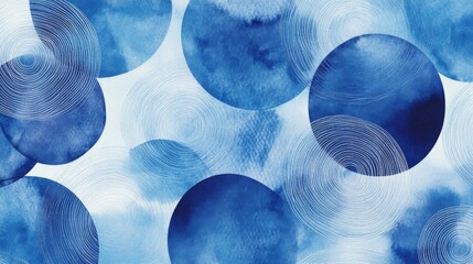 37.A seamless vector pattern featuring abstract geometric shapes, with overlapping blue watercolor circles. The circles are painted in varying shades of blue, ranging from light pastel to deep navy.