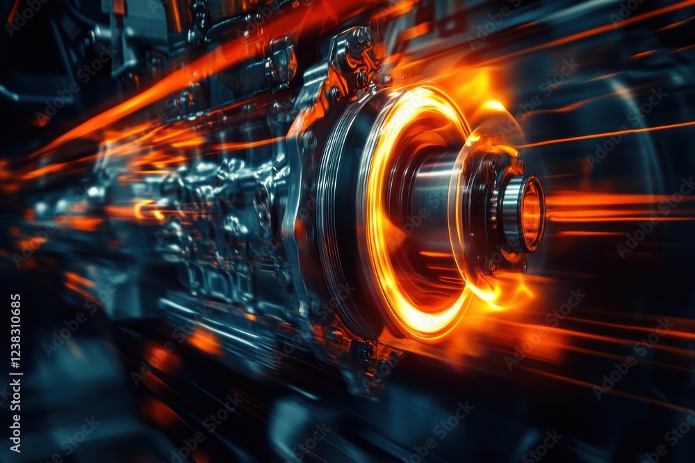 Poster dynamic close-up of a high-speed engine component with glowing orange highlights, showcasing advance