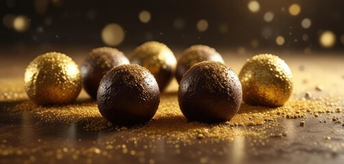 Naklejka premium Rich dark chocolate truffles shaped like miniature spheres, topped with edible golden dust for a radiant glow, truffles, sumptuous desserts