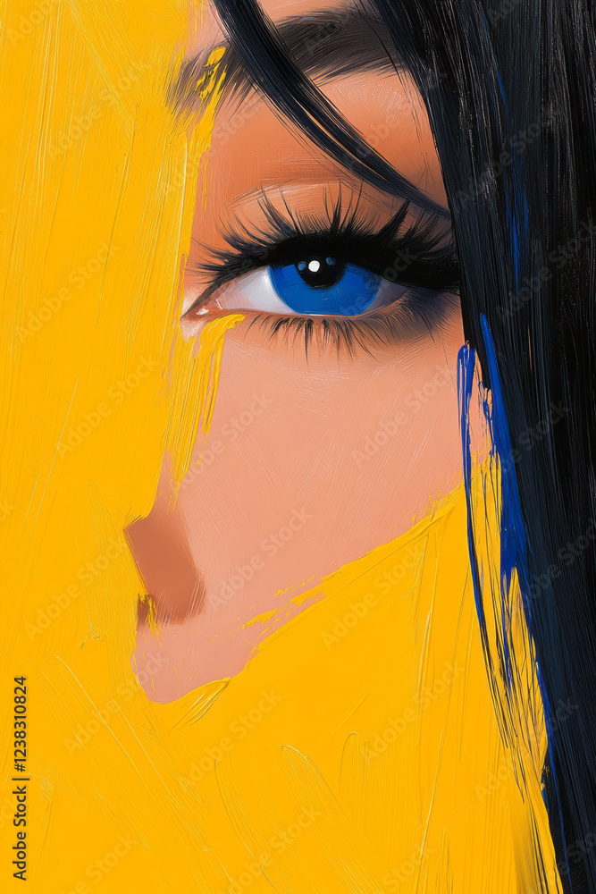 Poster an abstract vertical layout highlighting her face in partial shadow, hair reflecting vibrant yellow 