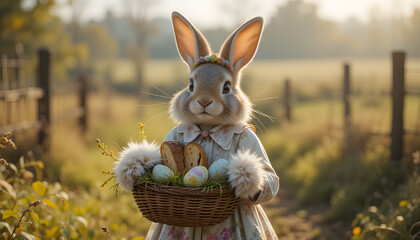 Easter bunny in a pastel dress holding a basket of eggs in a blooming meadow at sunset
