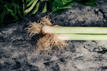 whole root leek harvest, fresh from farm market or garden
