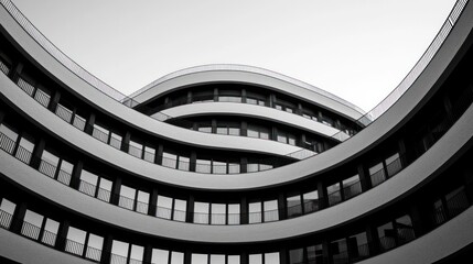 A modern architectural design featuring curved lines and large windows in monochrome.