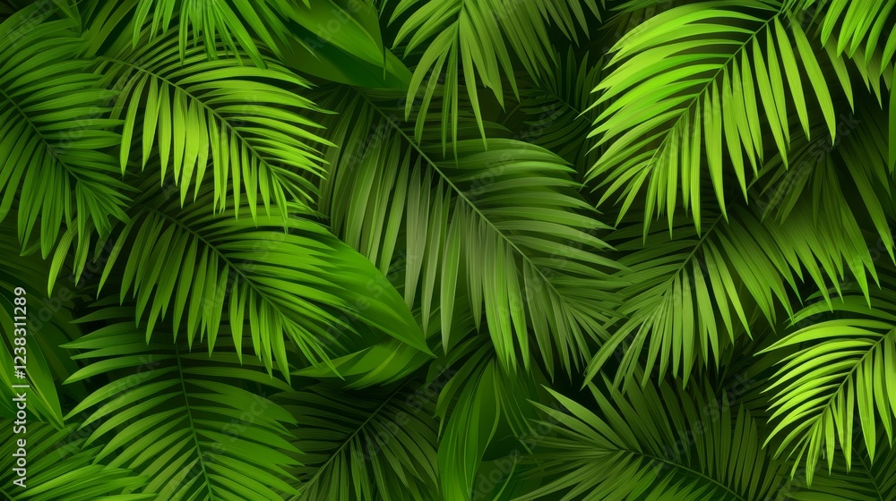 Sticker 57.A seamless vector pattern of green palm tree leaves, each illustrated with smooth lines and intricate detailing. The fronds are spread across the design in an elegant, symmetrical arrangement,