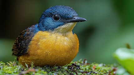 Vibrant Blue And Gold Bird Perched On Moss