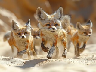 Fototapeta premium Fennec Foxes and Scarab Beetles Traversing the Vast Desert Dunes Under Blazing Sun