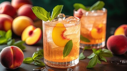 Refreshing Peach Cocktail with Fresh Mint and Ice in Glasses on Dark Table Surrounded by Fresh Peaches and Mint Leaves