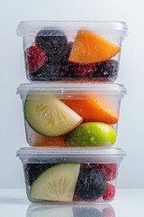 A crisp side-angle shot capturing stacked plastic tubs of assorted frozen fruit, subtle condensation beading on each container,