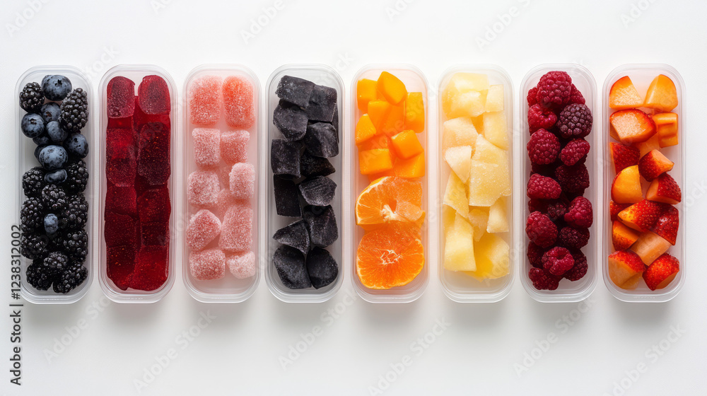 Poster a minimalist white background featuring multiple containers of frozen fruits arranged in a row, capt