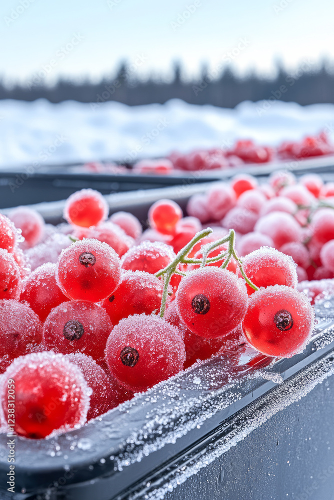 Poster a cinematic photograph where the main container is in sharp focus, displaying detail of frozen red c