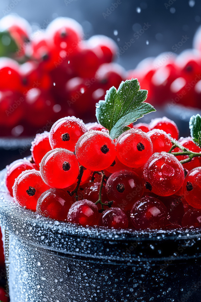 Poster a cinematic photograph where the main container is in sharp focus, displaying detail of frozen red c