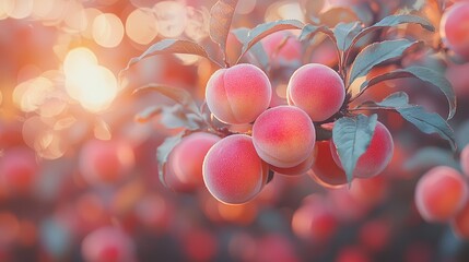 Ripe Peaches Growing On A Branch In Sunlight