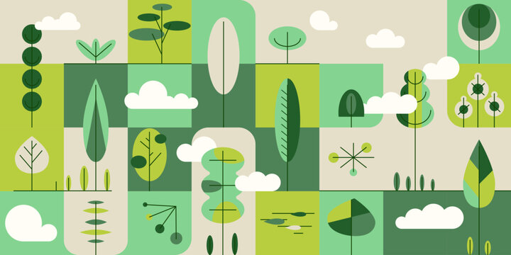 Geometric abstract natural green background with trees in tile, contemporary botanical poster, horizontal garden banner