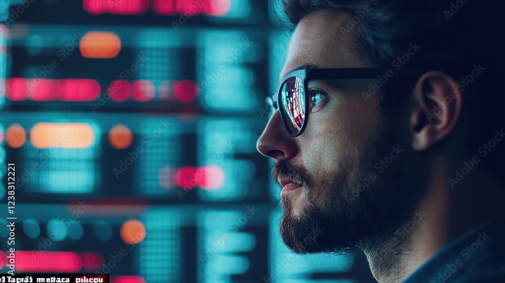 Poster a focused individual with glasses looks at digital screens displaying colorful data and information 