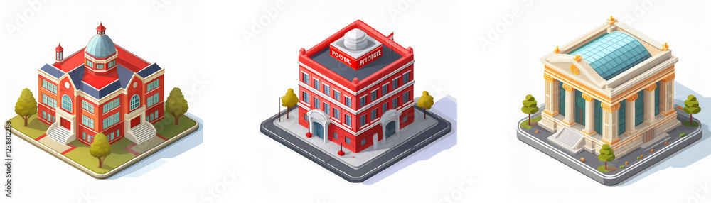 Poster isometric view of three different building styles: a red brick school, a red multi-story building, a