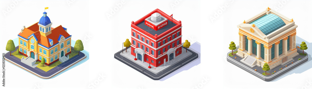 Poster isometric view of three distinct buildings: a yellow schoolhouse, a red multi-story building, and a 