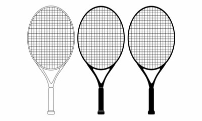 set of tennis racket outline icons in various styles. Ideal for sports logos, tournaments, equipment stores, and vector illustrations.