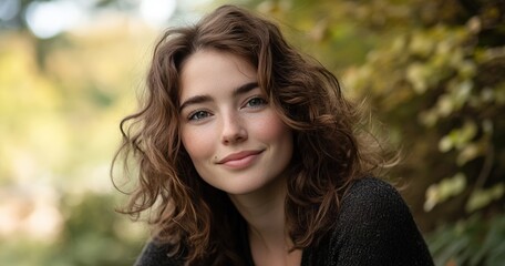 Fototapeta premium Smiling Woman with Curly Hair in a Natural Outdoor Setting. Generative AI.