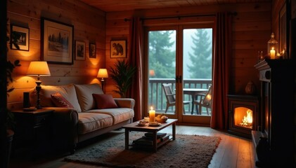 Soft candlelight illuminates a warm and inviting cabin space, warmth, candlelight