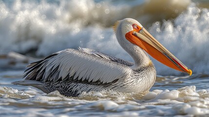 Great White Pelican in Ocean Waves