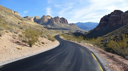 74.A smooth asphalt road winding through a mountainous terrain, with tall, rugged peaks rising in the distance. The road is dark and freshly paved, with clear lines marking the lanes, stretching out