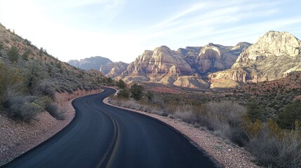 74.A smooth asphalt road winding through a mountainous terrain, with tall, rugged peaks rising in the distance. The road is dark and freshly paved, with clear lines marking the lanes, stretching out