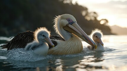 Pelican Parent and Two Chicks Swimming at Sunset