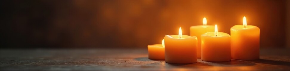 Soft golden light from above illuminates candles, soft, warm, glow