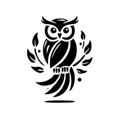 Elegant Owl Illustration: Black and White Bird Design with Leaves, Perfect for Nature Lovers and Wildlife Enthusiasts