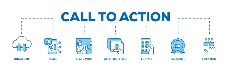 Call to action infographic icons flow process which consists of  click here, watch our video, subscribe, contact, learn more, share, download icon live stroke and easy to edit .