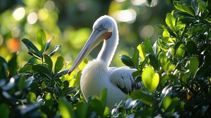 A Great White Pelican Rests Amid Lush Green Foliage