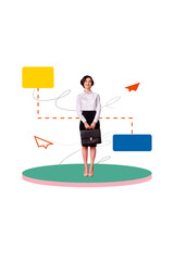 Creative vertical collage picture poster businesswoman happy standing management holding briefcase white drawing background
