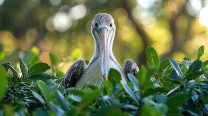 Pelican Bird Hidden Amongst Lush Green Foliage