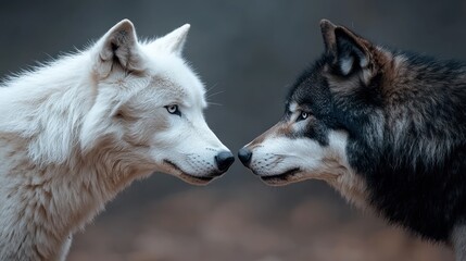 Two wolves, one white and one black, face each other in a striking encounter.