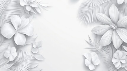 White paper flowers, leaves, background, design, template