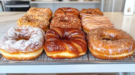 A variety of donuts displayed on a cooling rack, showcasing different toppings and styles.