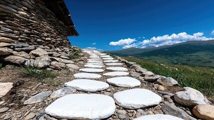 A winding stone path leads up a hillside, framed by a clear blue sky and distant mountains.