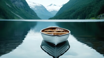 A serene boat floats on calm waters, surrounded by majestic mountains and lush greenery.