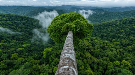 A towering tree rises above a lush forest, showcasing the beauty of nature and biodiversity.