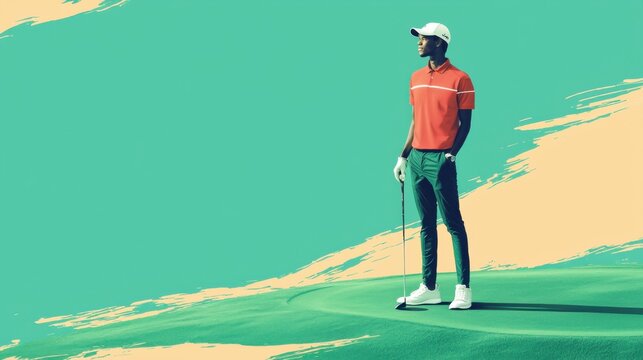A stylish and confident golfer stands proudly on a vibrant green golf course, expertly holding a golf club. This striking image is perfect for all golfing enthusiasts and various sports promotions