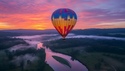 Obraz premium Hot Air Balloon Soaring Over River Valley Sunrise
