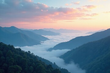 Softly glowing clouds float above misty mountains, sky, soft glow, fog
