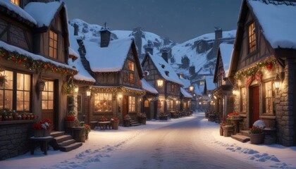 Naklejka premium Snow-covered village with festive shops and decorations, cold weather, peaceful atmosphere