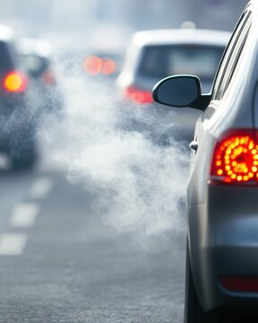 Traffic congestion with vehicles emitting exhaust fumes, highlighting air pollution and the need for sustainable transport solutions.